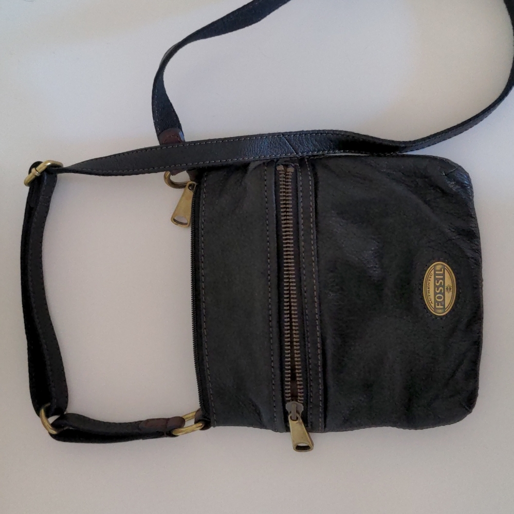 Black Fossil Leather Crossbody Purse